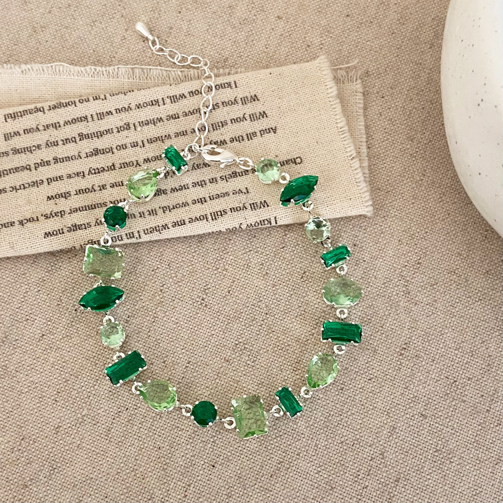 Way to Forest - Green Zircon Silver Crystal Bracelet Necklace, Adjustable Copper Plated Link Chain, Sparkling Gemstones