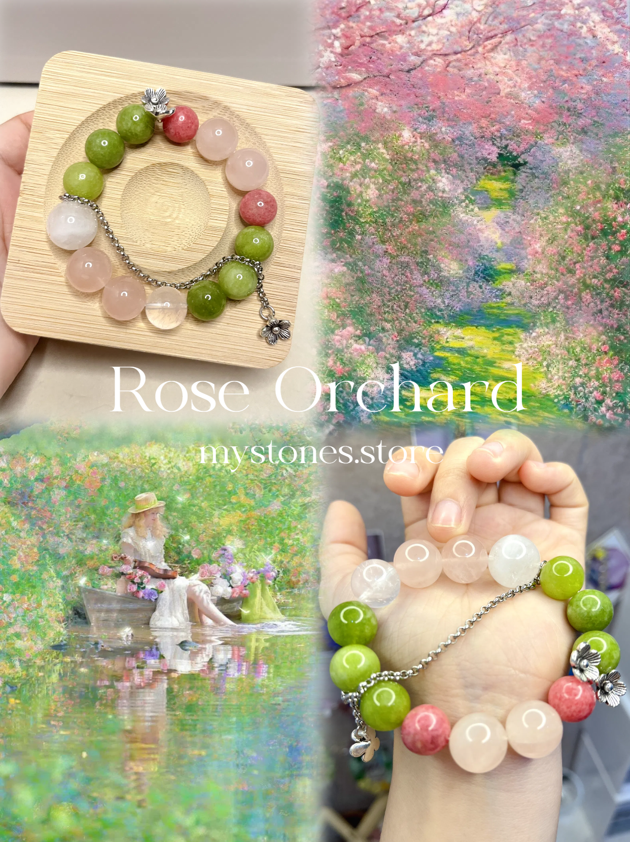 Rose Orchard – Natural Pink & Green Crystal Bracelet with Floral Charm