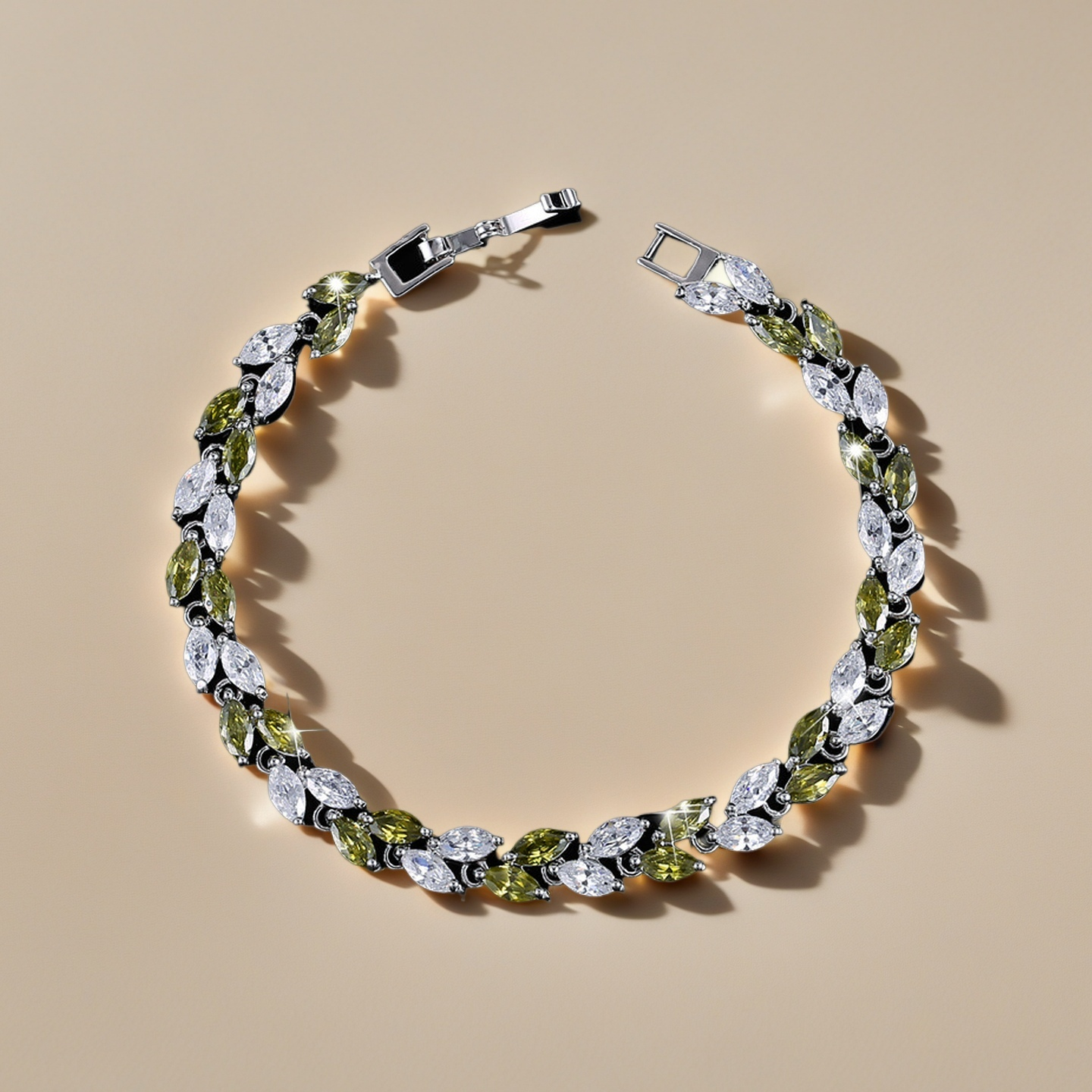 Emerald Whisper Leaf Bracelet – Green & White Zirconia Elegance in Silver Plated Copper